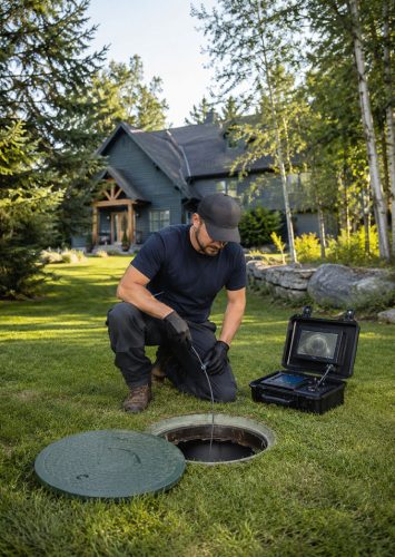 Technicien inspectant une conduite septique avec une caméra sur une propriété résidentielle