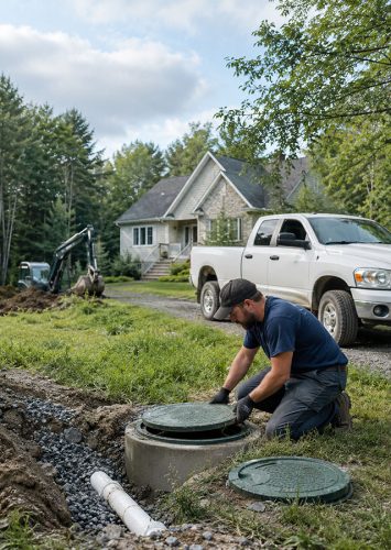 Technicien travaillant sur un système septique résidentiel avec excavation